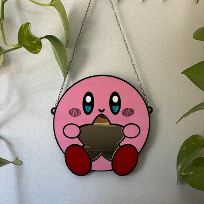 Colgante de pared con espejo inspirado en Kirby. Hecho a mano.