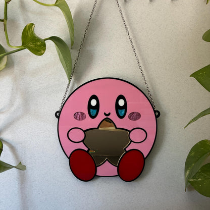 Colgante de pared con espejo inspirado en Kirby. Hecho a mano.